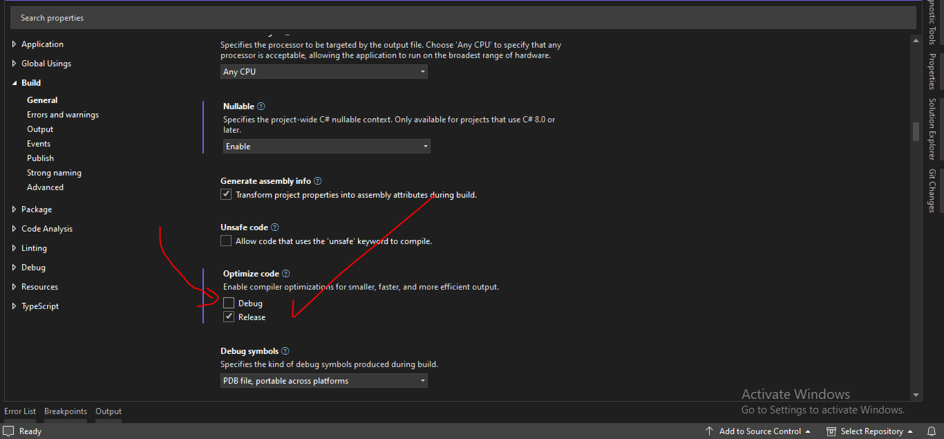 Correct Optimize Code Peroperty Setting