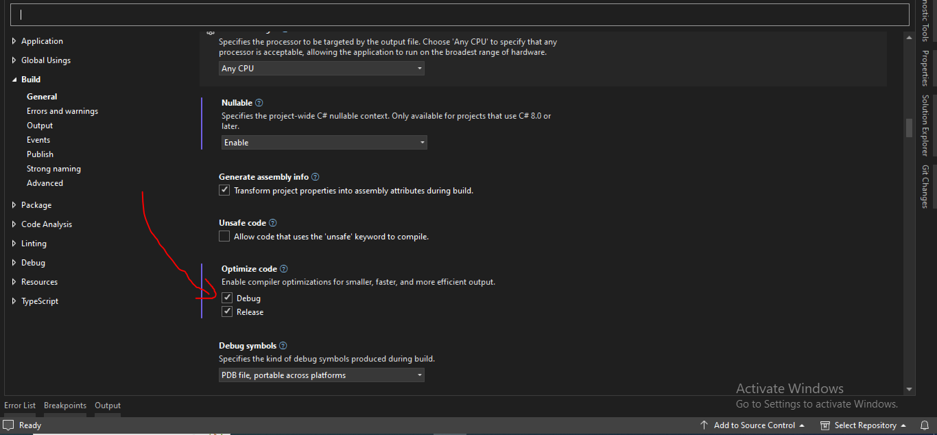 Optimize Code Peroperty in Visual Stadio